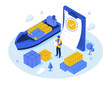 © Irina Strelnikova - Customs inspector check cargo clearance or import declaration tax form. Worldwide shipment, logistic, delivery service, export control concept. Isometric vector illustration.