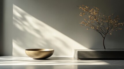 Aufkleber - Elegant minimalist interior featuring a metallic bowl and a small tree casting shadows in natural light