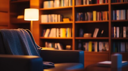Poster - Soft lighting envelops a cozy reading nook featuring a plush armchair, a warm blanket, and a well-stocked bookshelf, perfect for quiet moments of reading