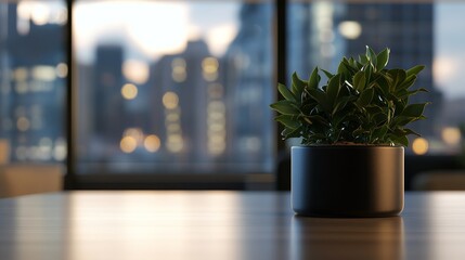 Leinwandbilder - Bright and airy modern living room features a sleek sofa and potted plant, with soft natural light flooding the space and a blurred city view beyond