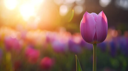 Poster - A purple tulip stands tall in the gentle afternoon sun, surrounded by a colorful spring garden full of blooming flowers and warm light