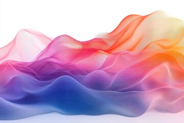 Fototapete - Colorful abstract fabric wave flows gracefully across a white background, blending shades of red, orange, pink, and blue in a captivating display of texture and movement