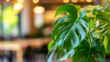 Poster - Lush green leaves of a tropical Monstera plant are highlighted by soft natural light, creating a refreshing indoor atmosphere with a stylish blurred background