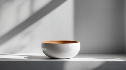 Aufkleber - Stylish ceramic bowl with wooden interior displayed on a minimalistic shelf with soft sunlight casting interesting shadows
