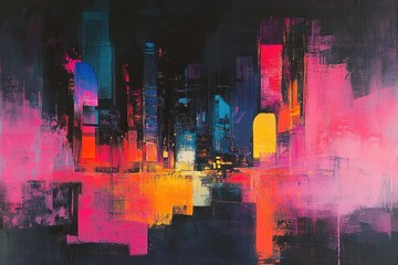 Aufkleber - Stunning futuristic skyline illuminated with vibrant pink and orange lights reflecting in the water during twilight hours