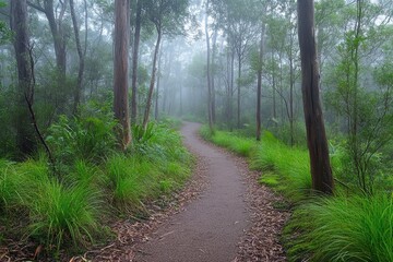 Aufkleber - Path winding through lush green forest in misty morning light showcasing natural tranquility and serenity of untouched wilderness
