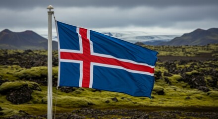 icelandic flag against the background of nature