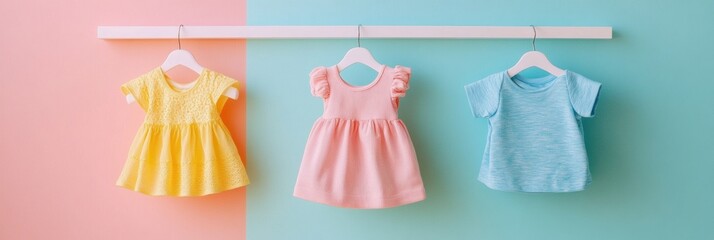 Poster - Soft vibrant clothing display featuring minimal baby dresses and shirts on hangers against a dreamy pastel background