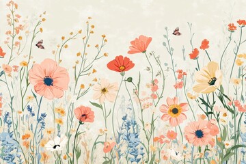 Leinwandbilder - Gentle wildflowers and insects create a vibrant illustration in Lapki spirit, capturing natures beauty on a pale background