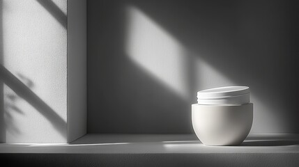 Poster - Soft shadows illuminate a minimalist skincare jar on a clean surface during the afternoon sun in a serene indoor setting