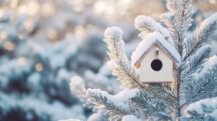 Poster - Little birdhouse nestled among snow-covered pine trees creates a peaceful winter wonderland atmosphere