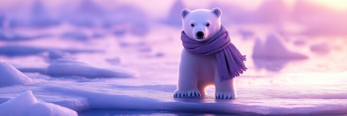 Aufkleber - Little polar bear wearing a scarf stands calmly on a pastel ice field during winter, evoking a serene atmosphere of the season