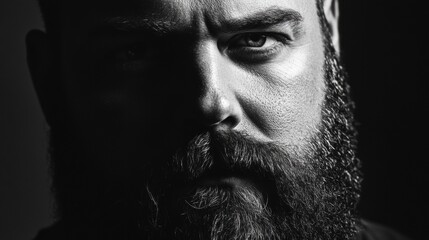 Poster - High-contrast black and white portrait of a man with a thick beard in a studio setting featuring dramatic lighting