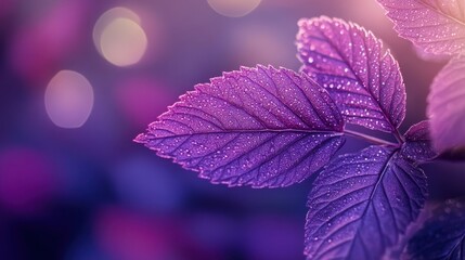 Poster - Vibrant purple leaves glistening with dew under soft lighting in a tranquil garden setting during early morning hours