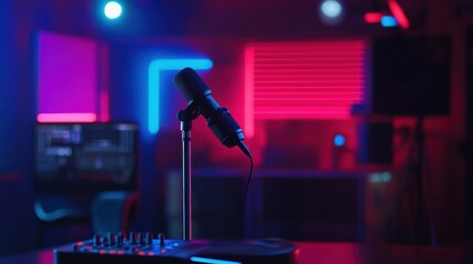 Aufkleber - Live broadcast setup showcasing microphone and countdown timer in modern studio environment with dynamic lighting and breaking news graphics