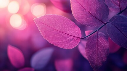 Aufkleber - Vibrant purple leaves glistening with dew under soft lighting in a tranquil garden setting during early morning hours