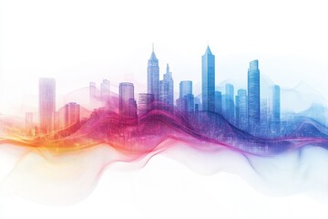 Fototapete - Skyline of a modern city transformed with orange and blue waves reflecting light in vibrant hues during dusk