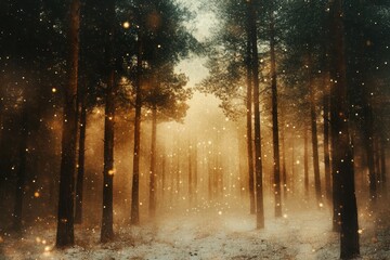 Aufkleber - Golden sunlight filters through tall pine trees creating a magical forest atmosphere during a foggy morning in winter