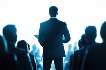 Poster - Business conference speaker engaging audience at dawn with impactful presentation in a modern venue