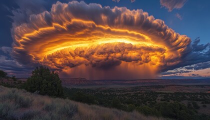 Aufkleber - Colorful storm clouds illuminated by sunset over a vast valley during the golden hour in a serene natural landscape