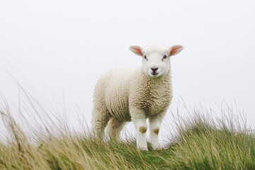 Aufkleber - White lamb standing in short grass against a soft, blended background showcases the tranquility of a serene landscape