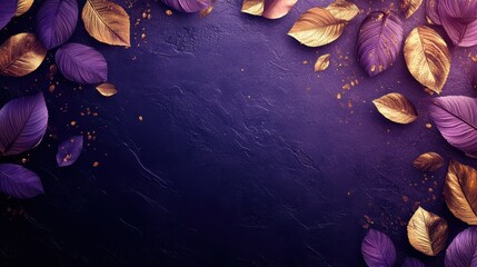 Poster - Decorative arrangement of purple and gold leaves on a textured dark background creates an elegant and stylish visual appeal for an artistic setting during evening hours