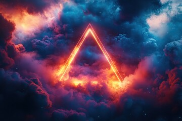 Poster - Colorful stormy sky with glowing triangle shape surrounded by clouds at twilight creating a mystical atmosphere