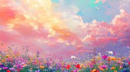 Fototapete - Surreal gradient sky blending seamlessly into a vibrant wildflower meadow during a calm evening