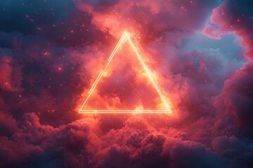 Poster - Colorful stormy sky with glowing triangle shape surrounded by clouds at twilight creating a mystical atmosphere