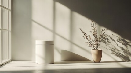 Aufkleber - Elegant interior design featuring a minimalist vase with flowers, a round display pedestal, and soft shadows in natural light during the day