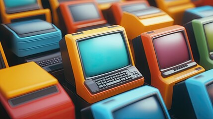 Nostalgic vibrant retro computers: a colorful array of vintage technology