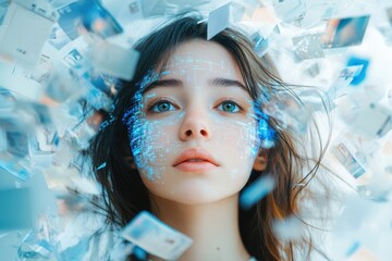 Leinwandbilder - Young woman with glasses contemplating digital technology and data visualization in a creative art concept