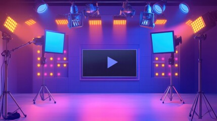 Aufkleber - Broadcast setup for live news with microphone, timer and lighting array in studio environment