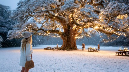 Poster - A woman gazes in awe at a gigantic tree twinkling with fairy lights, as gentle snow falls around her on a chilly evening filled with holiday spirit