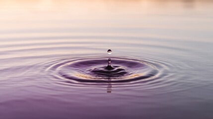 Aufkleber - A dew drop creates a ripple across a calm lake during dusk, capturing amber and violet colors of the fading light in a serene and peaceful moment