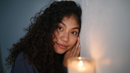 Poster - A pair of gentle eyes reflect the warm glow of a candle, surrounded by soft hair against a softly blurred twilight wall