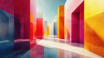 Poster - Colorful geometric structures create a vibrant urban landscape under a clear blue sky during midday sunshine