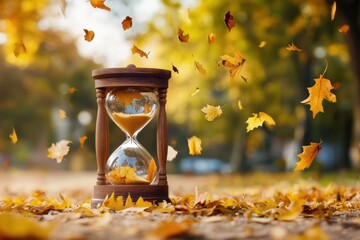 Aufkleber - Hourglass filled with falling leaves represents the passage of natural time in an autumn landscape