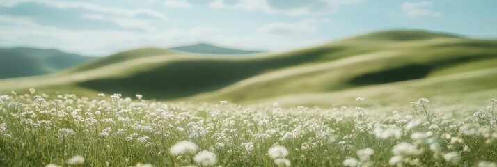 Poster - Gentle landscape of rolling hills adorned with tiny flowers in muted earth tones, capturing a serene moment of natures beauty