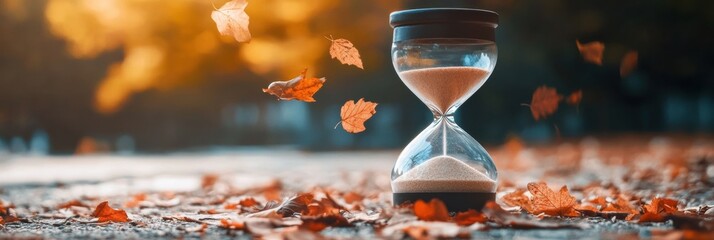 Aufkleber - Hourglass with falling leaves symbolizes the natural passage of time during autumn in a serene outdoor setting