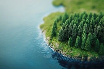 Aufkleber - Minimal earth outline with miniature trees near water edge showcasing a serene design highlighting nature