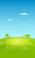 Cartoon landscape with green grassy hill, scattered trees, white flowers and blue sky with clouds representing summer nature scene and outdoor environment concept