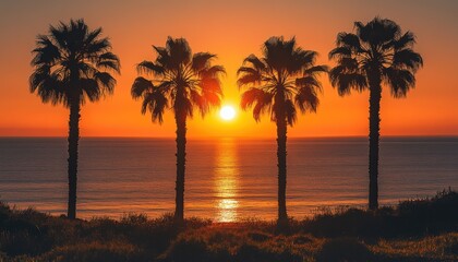 Poster - Colorful sunset over the ocean framed by palm trees in a coastal location during the evening hours
