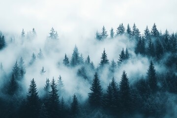 Poster - Fog envelops a dense forest with evergreen trees in a tranquil setting during early morning hours