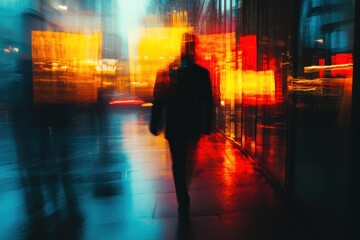 Fototapete - Urban nighttime wanderer amidst vibrant neon reflections in an illuminated cityscape