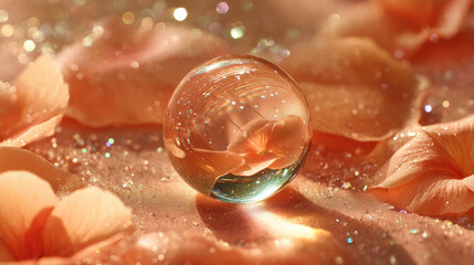 Wall Mural - a delicate orb resting in a bed of orange-tinted sakura petals, surrounded by sparkles of sunlight a