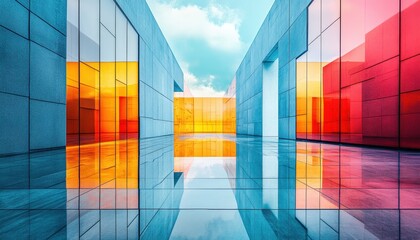 Poster - Geometric abstract structure with overlapping shapes and shades of blue in a modern architectural setting