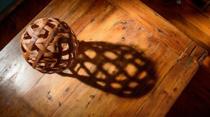 Poster - Overhead view of a handcrafted rattan chandelier illuminating a rustic dining table, intricate weavings creating captivating shadows on the walls