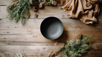Poster - Overhead view of a black ceramic bowl placed on a rustic wooden surface, surrounded by herbs and illuminated by soft natural light, creating a calming atmosphere