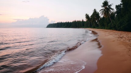 Poster - Gentle waves lap at pristine white sand as palm trees frame a vibrant tropical sunset, casting soft hues over the peaceful shore in the early evening